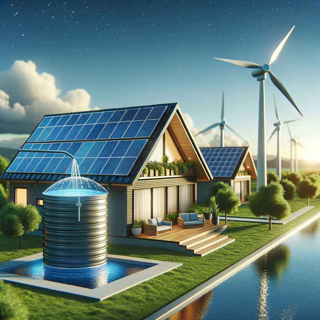 An illustration of a modern, energy-efficient home with solar panels on the roof, a wind turbine in the background, and a rainwater collection system, emphasizing renewable energy solutions for homeowners.