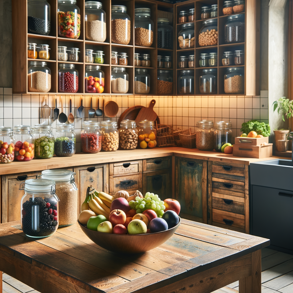 An image of a bright, clutter-free kitchen with wooden countertops, where glass jars filled with bulk foods line the shelves, a bowl of fresh fruits sits on the table, and a small compost bin is subtly placed in the corner.