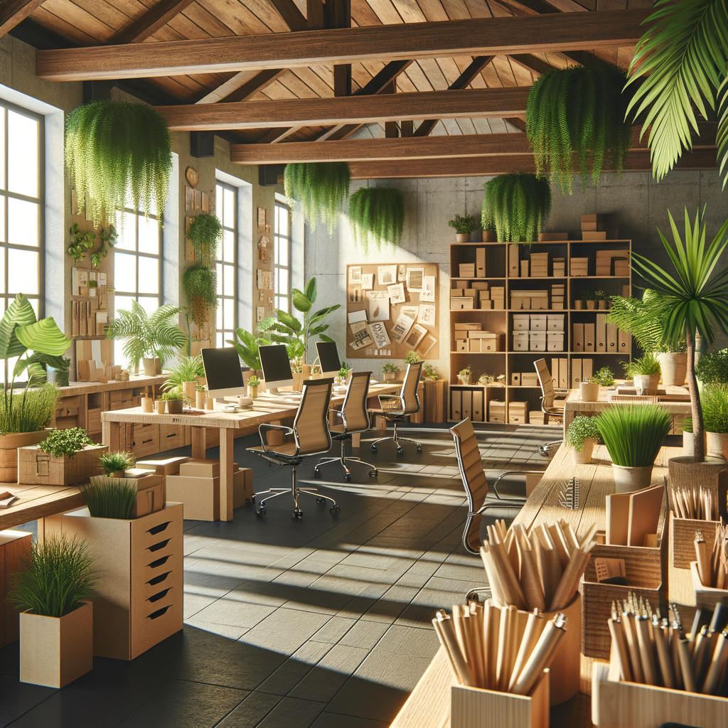 Eco-Friendly Office Space: A bright and airy office space filled with plants, natural light, and made using sustainable materials. The scene could include recycled paper products and other eco-friendly office supplies.
